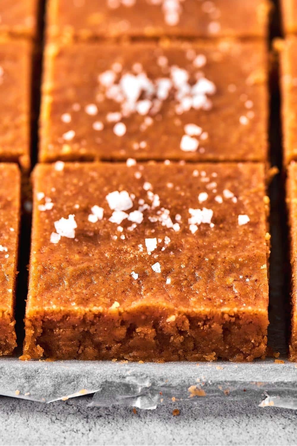 A square of peanut butter fudge with some sea salt on top with another square behind it.