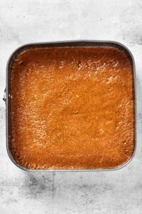 A square baking dish filled with peanut butter fudge.