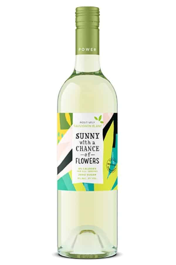 A bottle of sunny with a chance of flowers sauvignon blanc.