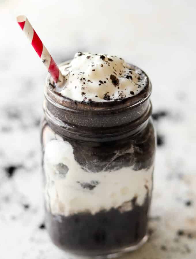 An oreo keto protein shake in a glass jar.