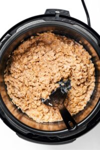 Oatmeal in an instant pot. A spoon is submerged in the oatmeal.