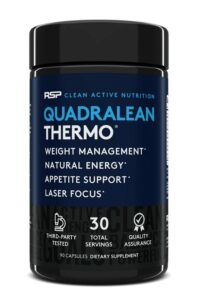 A bottle of RSP quadrillion Thermo dietary supplement capsules.