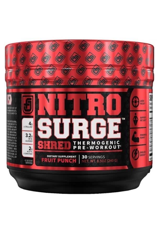 Container of nitro surge shred thermogenic pre-workout.