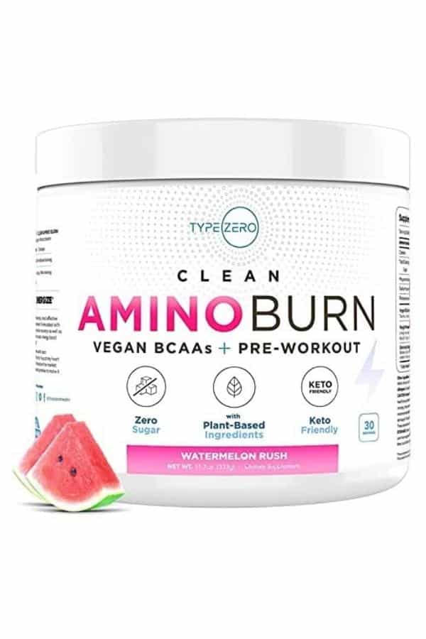Container of type zero clean amino burn vegan BCAAs plus pre-workout.
