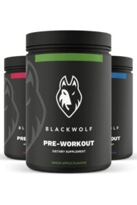 Three containers of black wolf pre-workout dietary supplement.