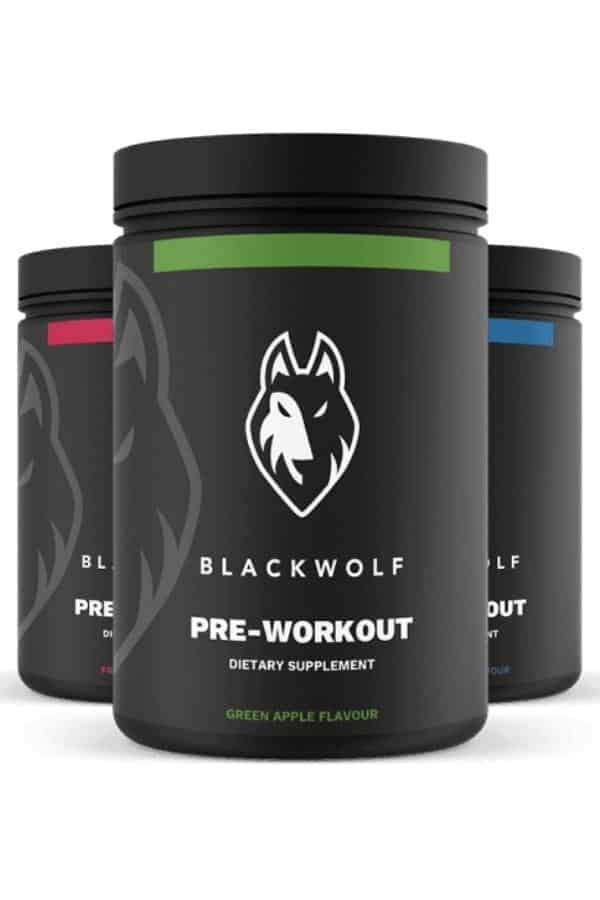 Three containers of black wolf pre-workout dietary supplement.