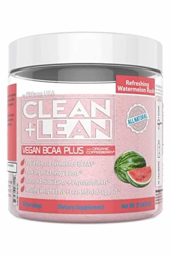 Container of clean and lean vegan BCAA+ pre-workout.