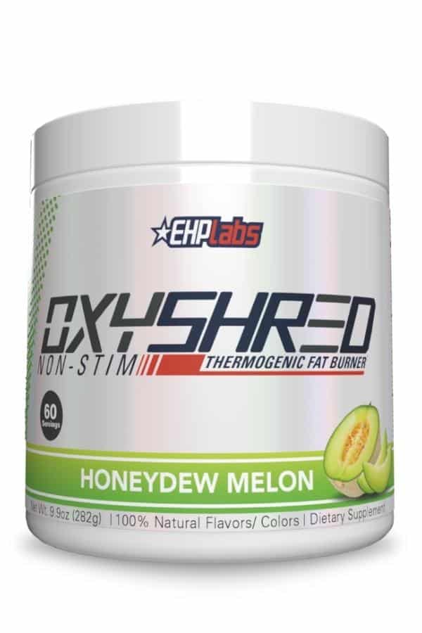 A container of EHP labs oxy shred non-stem thermogenic fat burner.