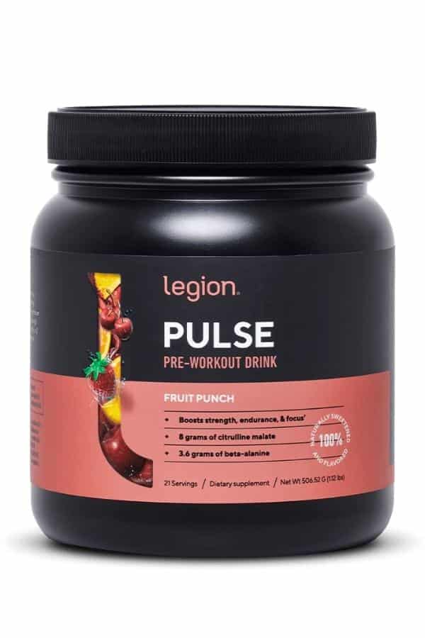 A container of legion pulse pre-workout drink.