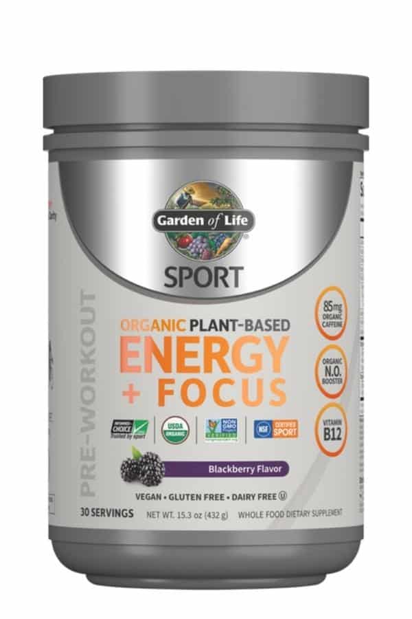 A container of Garden of life sport organic plant-based energy and focus.