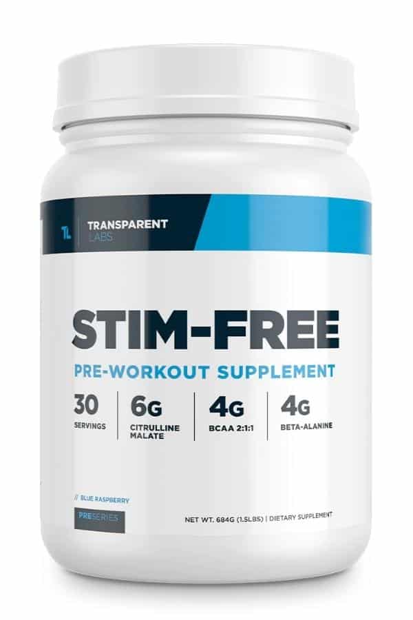 Container of transparent labs stim free pre-workout supplement.