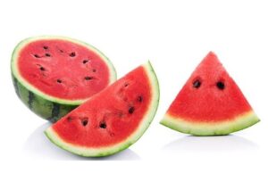 A triangle of watermelon standing straight up, a quarter of a watermelon, and another half of a.