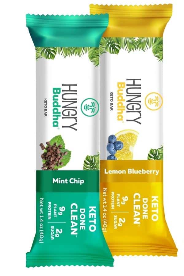 Hungry Buddha mint chip protein bar and hungry Buddha lemon blueberry protein bar.