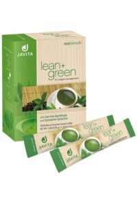 A package of Javita lean + green with two stick of it in front of it.