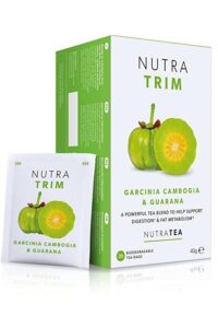 A pack of Nutra Trim garcinia cambogia and gurana tea with a bag of the tea leaning against it.