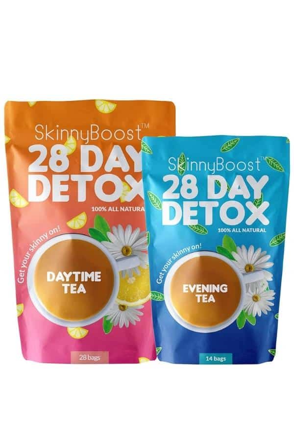 A bag of skinny bppst 28 day detox daytime tea and a pack of skinny boost 28 day detox evening tea.