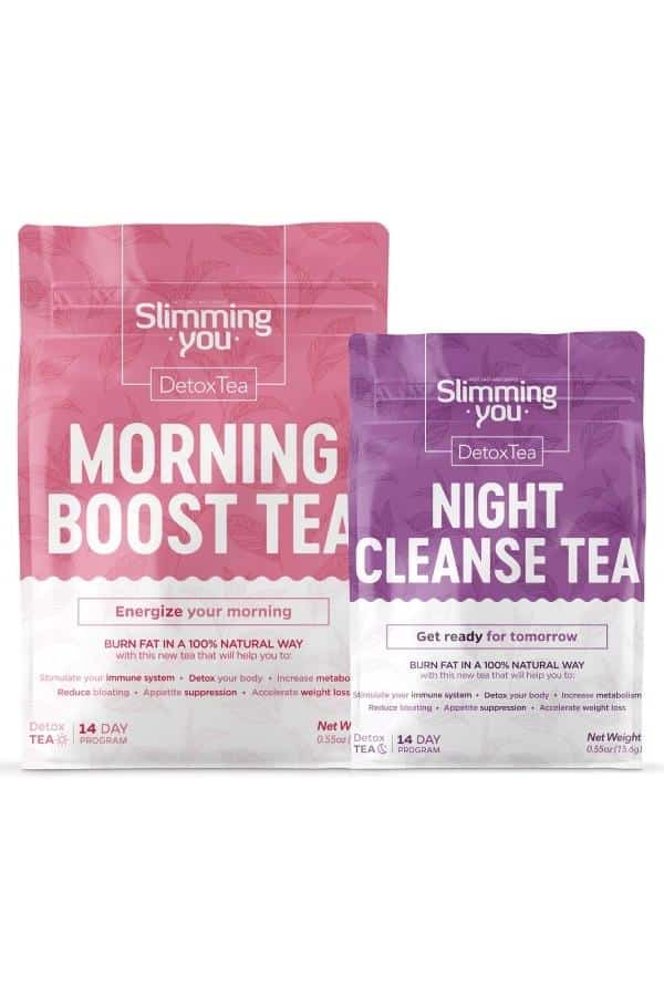 A bag of Slimming You morning boost tea with a bag of night cleanse tea next to it.