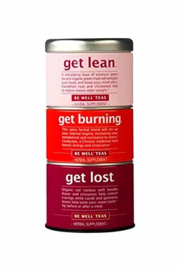 A stack three containers. They are the get lean tea, get burning tea, and get lost tea on top of one another.