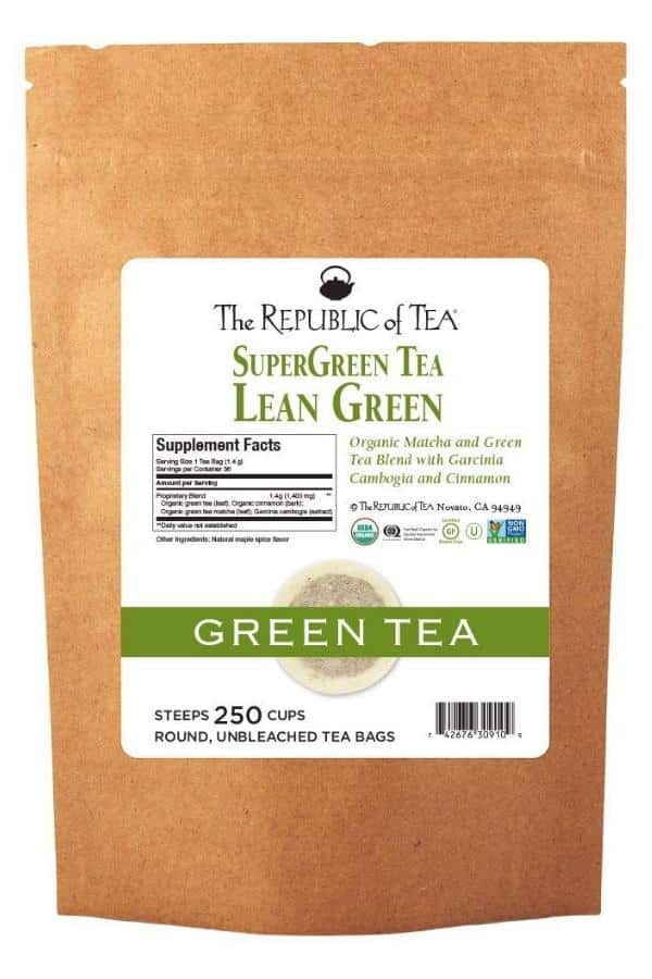 A brown bag of The Republic of Tea Super Green Tea.