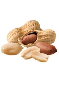 Two shelled peanuts and three unshelled peanuts.