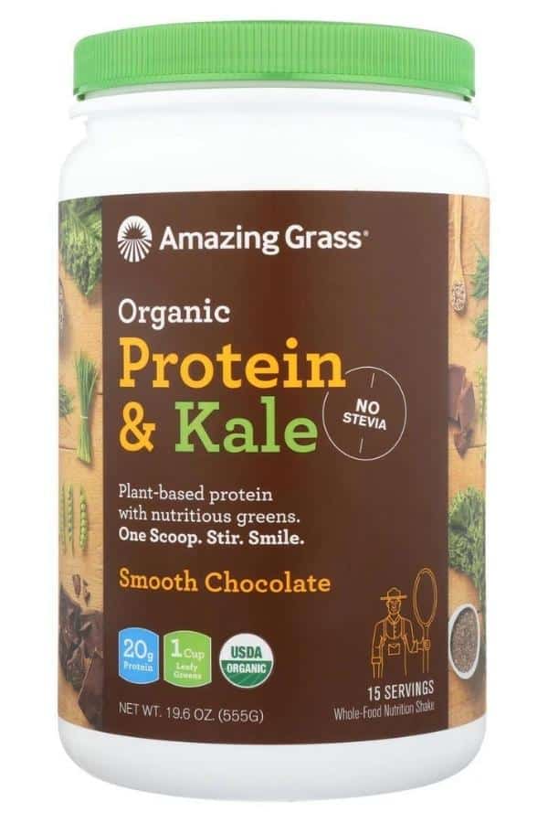 A tub of amazing grass organic protein and kale.