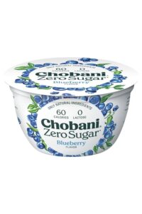 A container of Chobani zero sugar blueberry yogurt.