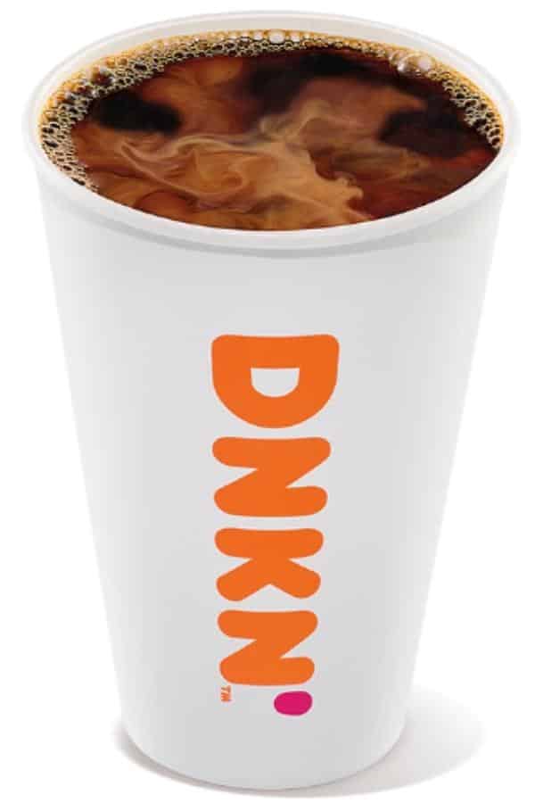 A white cup of dunkin donuts coffee.