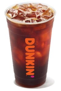 A clear cup of Dunkin Donuts cold brew.