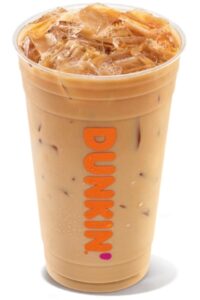 A clear cup filled with dunkin donuts iced coffee.