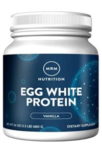 A tub of MRM nutrition egg white protein powder.