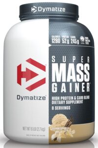 A tub of Dymatize super mass gainer protein powder.