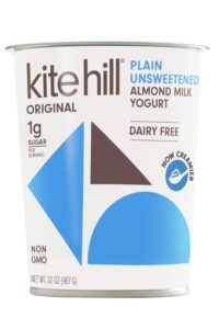 A container of Kite Hill original plain unsweetened almond milk yogurt.