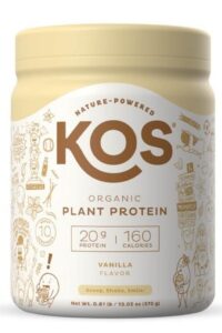 A tub of nature powered kos plant protein.