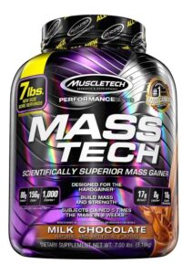 A tub of muscletech mass tech protein powder.