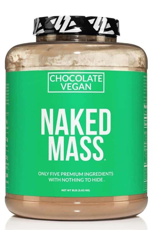 A tub of naked mass chocolate vegan protein powder.