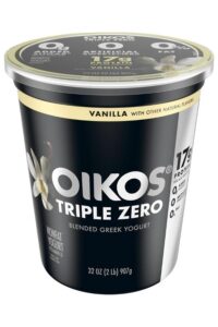 A large container of Oikos triple zero greek yogurt.