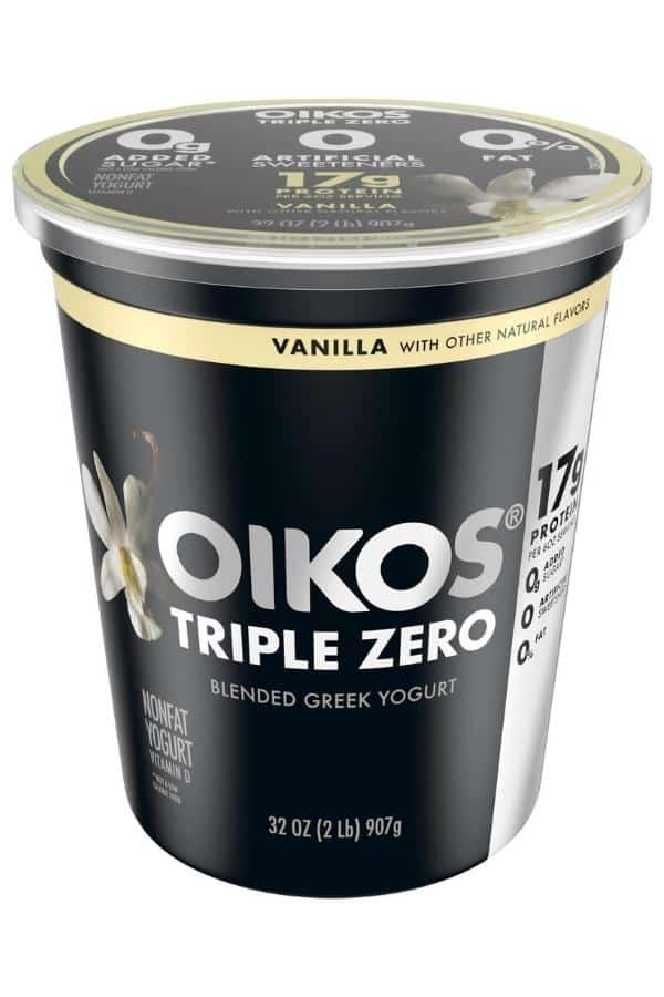 A large container of Oikos triple zero greek yogurt.