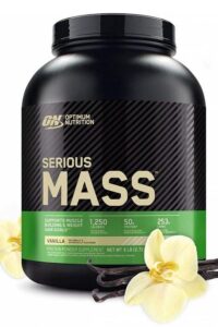 A tub of optimum nutrition serious mass vanilla protein powder.