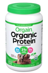 A tub of Organi organic protein powder.