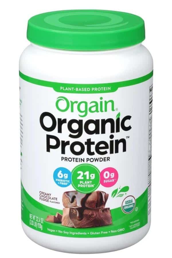 A tub of Organi organic protein powder.