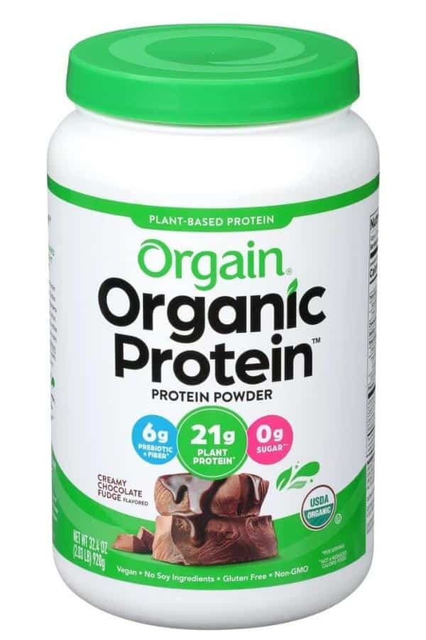 A tub of Organi organic protein powder.