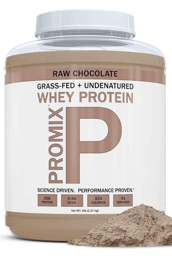 A tub of promix whey protein.