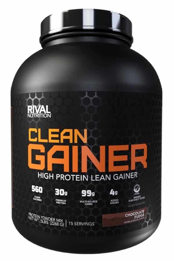 A tub of Rival Nutrition clean gainer protein powder.