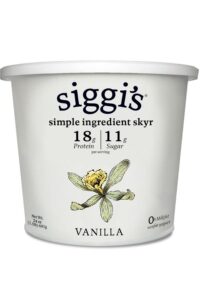 A container of Siggi's simple ingredient vanilla skyr.