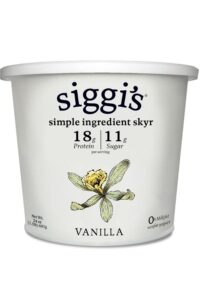 A container of Siggi's simple ingredient vanilla skyr.