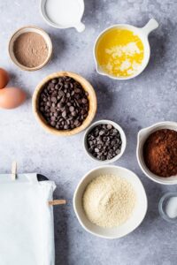 A bowl of melted butter, a bowl of cocoa powder, a bowl of chocolate chips, a bowl of chocolate protein powder, a bowl of almond flour all on a grey counter.