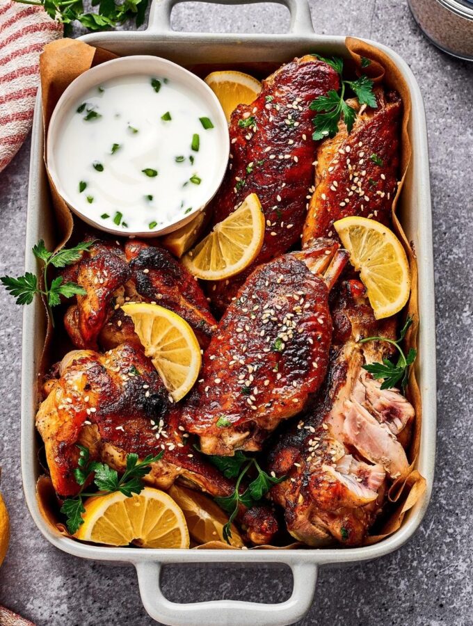 A bunch of turkey wings in a casserole dish with a cup of dipping sauce in it.