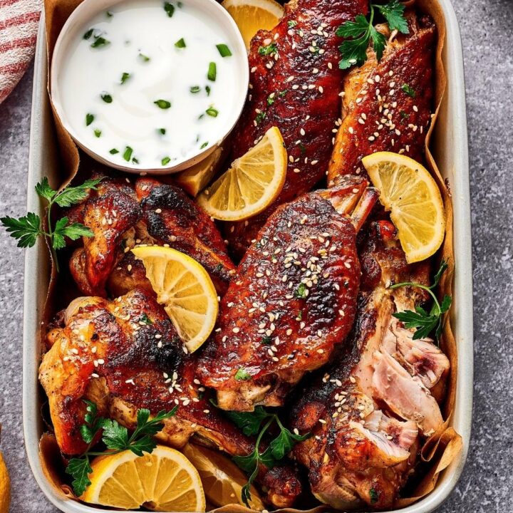 A bunch of turkey wings in a casserole dish with a cup of dipping sauce in it.