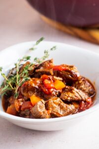 Carne picada in a white bowl.