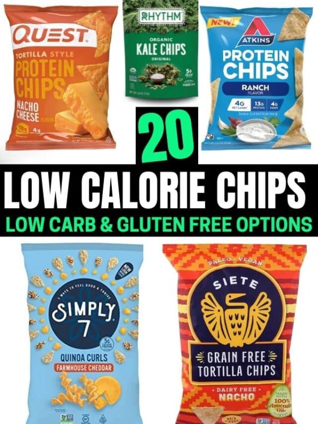 A compilation of five bags of low calorie tortilla chips.